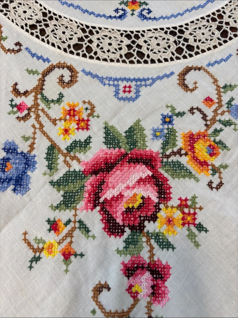 Vintage Large Embroidered & Crochet Floral Tablecloth White, Pink & Multicolor